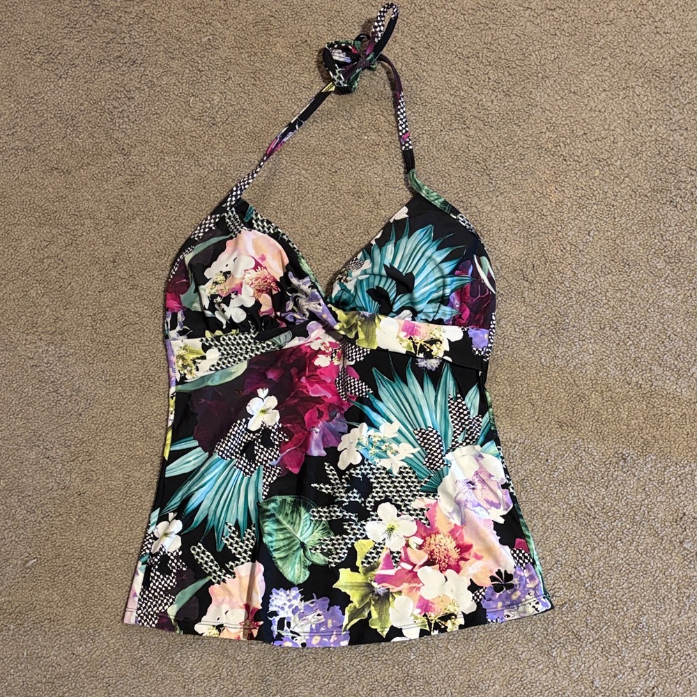 Hapari Black Halter Floral Tankini Top with Teal & Pink Accents Size 12-14 L